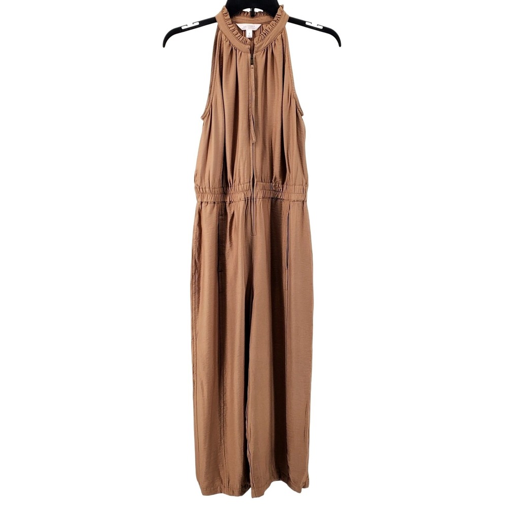 LC Lauren Conrad Ruffle High Neck Wide Leg Cropped Jumpsuit Womens Small Brown